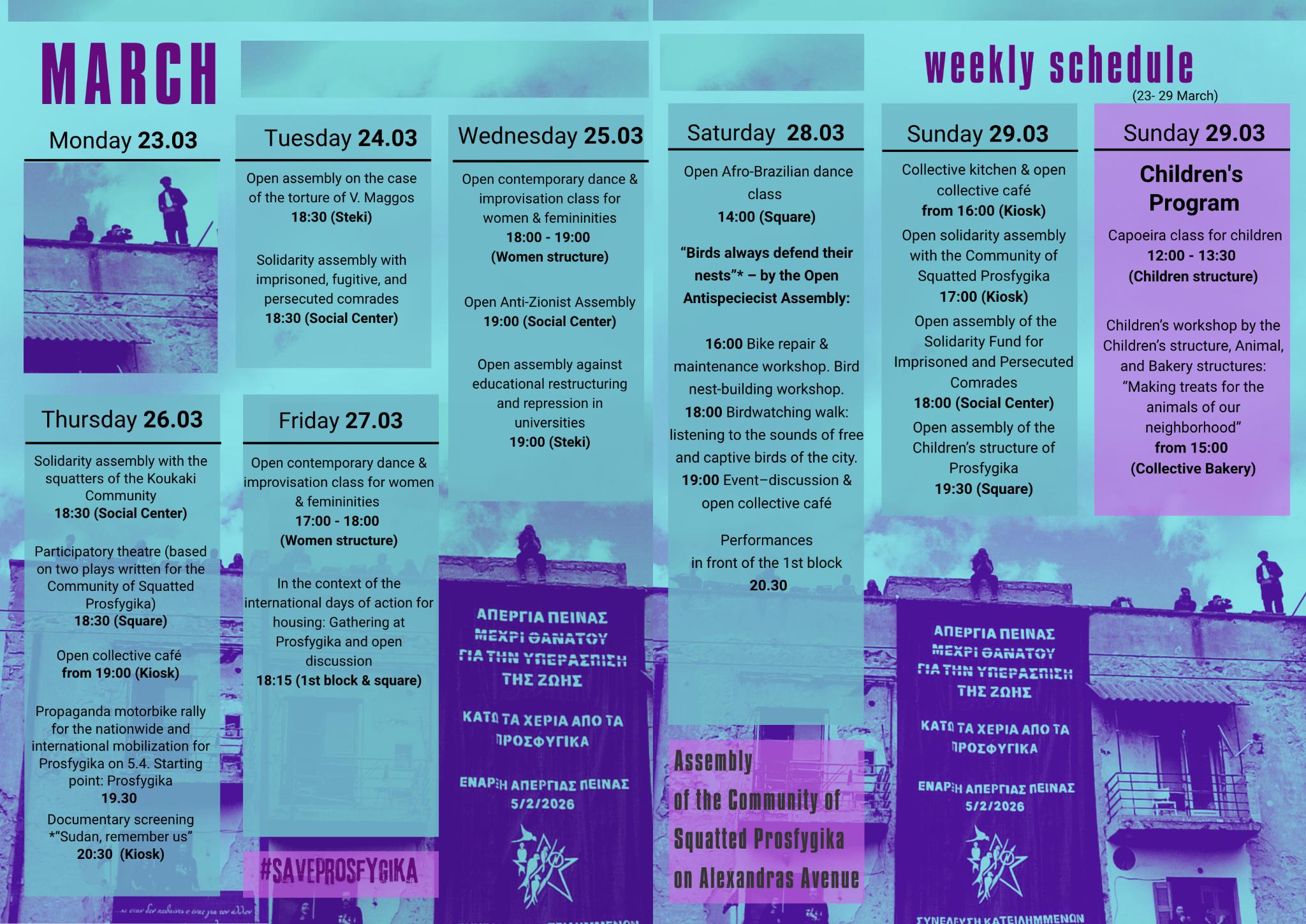 PROGRAM FOR 23-29 MARCH IN THE COMMUNITY OF SQUATTED PROSFYGIKA