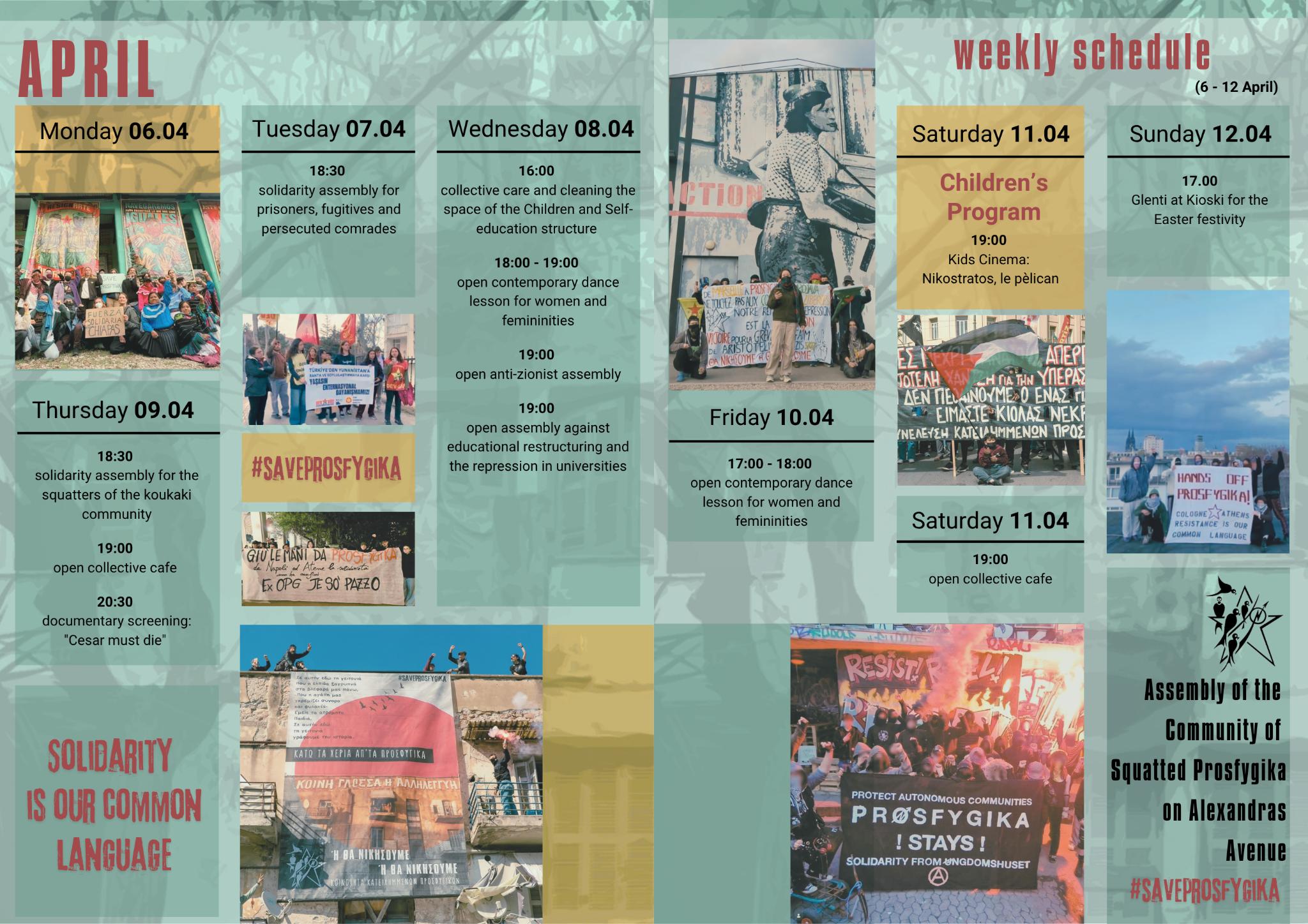 WEEKLY PROGRAM 7th – 12th of APRIL IN THE COMMUNITY OF SQUATTED PROSFYGIKA